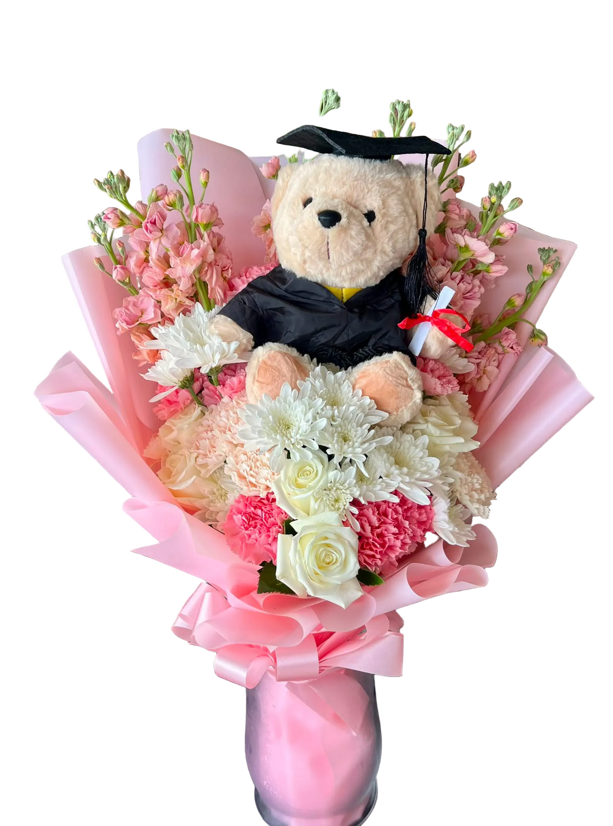 White floral arrangement – Grad Bear Celebration by Gris Glam