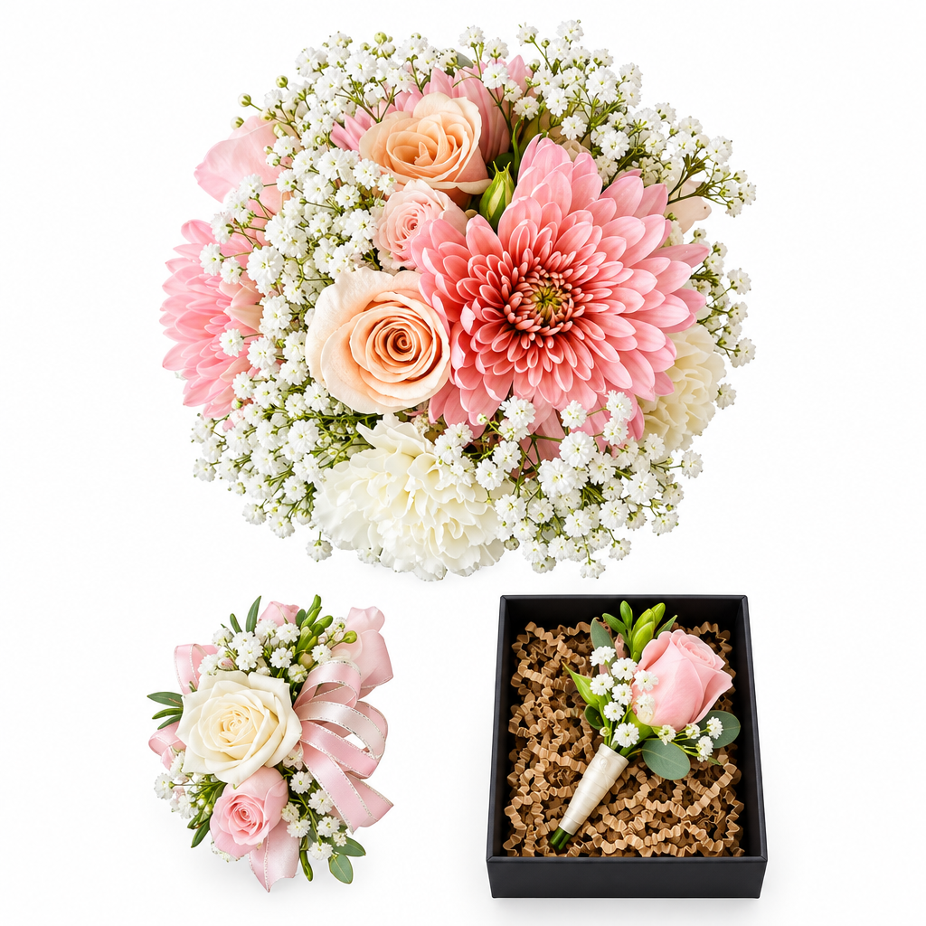 Pink corsage – Corsage and Boutonniere Set by Gris Glam