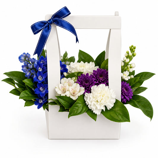 White floral arrangement – Ribbon Basket by Gris Glam